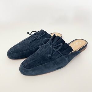 Splendid Women's Suede Mules Flats 7.5 Navy Blue Pleated Bow Smoking Slippers